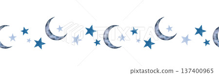 Seamless banner of a blue crescent moon, stars of varying sizes. Watercolor illustration. Border with a night sky atmosphere. Hand drawn isolated art. Children cartoon sketch for a bedroom, wallpaper. Seamless banner of a blue crescent moon, stars of varying sizes. Watercolor illustration. Border with a night sky atmosphere. Hand drawn isolated art. Children cartoon sketch for a bedroom, wallpaper. 137400965