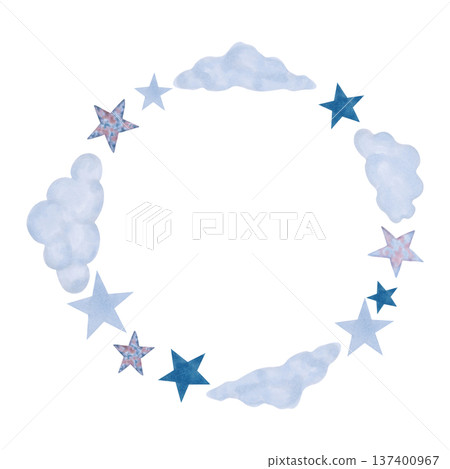Round frame with celestial motifs stars and clouds. Watercolor illustration of cosmic and ethereal elements. Hand drawn isolated art. Childish cartoon background for invitations, packaging, decor. 137400967