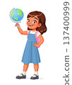 Cute young Indian school girl holding a globe. Cartoon vector isolated illustration. 137400999