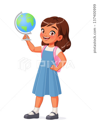 Cute young Indian school girl holding a globe. Cartoon vector isolated illustration. Cute young Indian school girl holding a globe. Cartoon vector isolated illustration. 137400999