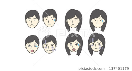 男女臉部表情插圖集(瞇眼、眼窩深陷、驚訝、退縮、困惑、反應) 男女臉部表情插圖集(瞇眼、眼窩深陷、驚訝、退縮、困惑、反應) 137401179