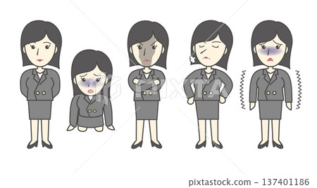 Women's pose and facial expression variation set (hands behind back, despair, standing tall, arrogant, trembling) 137401186