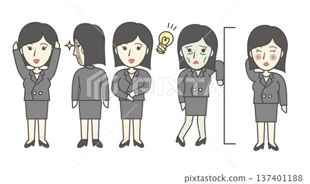 Women's pose and facial expression variation set (happy, scheming, inspiration, frazzled, embarrassed) Women's pose and facial expression variation set (happy, scheming, inspiration, frazzled, embarrassed) 137401188