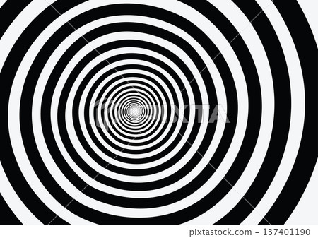 Hypnotic spiral pattern of black and white concentric circles creates a dizzying optical illusion 137401190