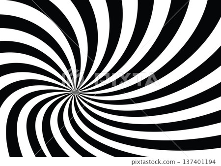 Abstract swirling black and white stripes radiating from a central point 137401194