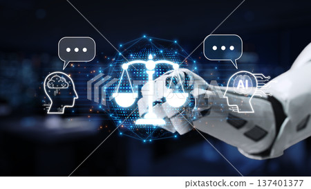 Futuristic Robot Assistant Engaging in Legal Discussions with Artificial Intelligence, Balancing Justice Scales and Brain Concepts in Modern Office Environment Synapse Futuristic Robot Assistant Engaging in Legal Discussions with Artificial Intelligence, Balancing Justice Scales and Brain Concepts in Modern Office Environment Synapse 137401377