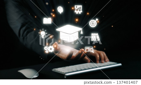 Innovative Concepts in Education Technology with Icons Representing Learning, Knowledge, and Digital Transformation in a Hands-On Approach. Qubit 137401407