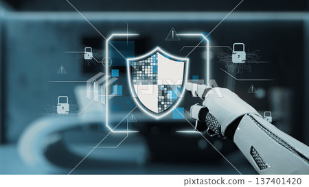 Futuristic robotic hand interacting with digital security shield on a touchscreen interface in a high-tech cybersecurity environment. Auvana Futuristic robotic hand interacting with digital security shield on a touchscreen interface in a high-tech cybersecurity environment. Auvana 137401420