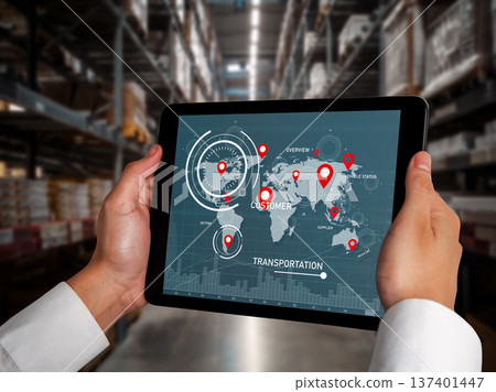 Warehouse management innovative software in computer for real time monitoring Warehouse management innovative software in computer for real time monitoring 137401447