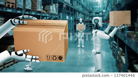 Innovative industry robot working in warehouse for human labor replacement Innovative industry robot working in warehouse for human labor replacement 137401448