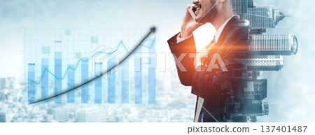 Businessman in Suit Talking on Phone with Graphs and City Background Representing Growth and Success in the Corporate World Impute 137401487