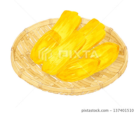 Dried sweet potatoes on a bamboo basket Hand-drawn watercolor illustration Dried sweet potatoes on a bamboo basket Hand-drawn watercolor illustration 137401510