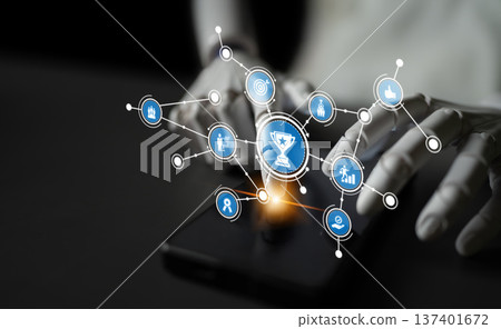 Abstract digital network interface showcasing achievement symbols and icons over a smartphone, representing success, motivation, and goal setting in a connected world. Tessel 137401672