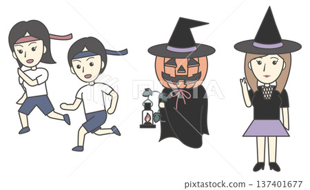 Autumn event illustration set (sports day running race, jack-o'-lantern, witch cosplay woman) Autumn event illustration set (sports day running race, jack-o'-lantern, witch cosplay woman) 137401677