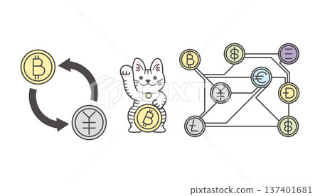 虛擬貨幣與比特幣圖片集(交易流程圖、招手的貓、相關性圖、金融科技) 虛擬貨幣與比特幣圖片集(交易流程圖、招手的貓、相關性圖、金融科技) 137401681