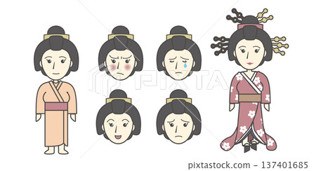 Japanese clothing women illustration set (kimono, furisode, courtesan, prostitute, Japanese culture, traditional costume) Japanese clothing women illustration set (kimono, furisode, courtesan, prostitute, Japanese culture, traditional costume) 137401685
