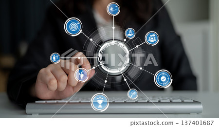 Concept of digital transformation with infographic icons representing business analytics, technology advancements, and user interaction on keyboard Crux Concept of digital transformation with infographic icons representing business analytics, technology advancements, and user interaction on keyboard Crux 137401687