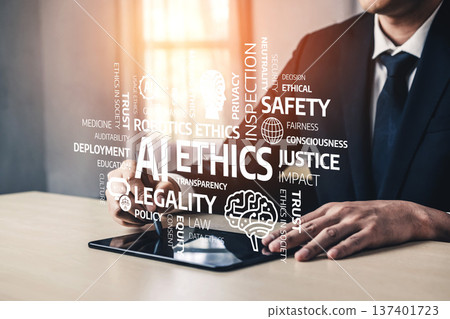 Businessperson Engaging with Concepts of Ethics and Technology in Modern Workplace Environment Focusing on Safety and Legality Issues in Society. Tessel 137401723