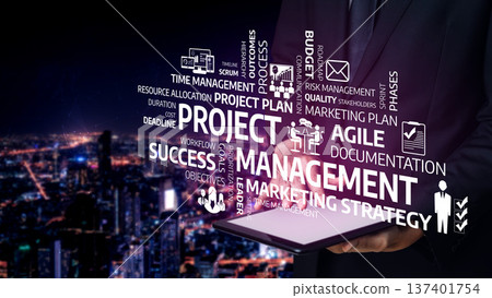 Business professional presenting project management concepts with digital graphics and city skyline in background, showcasing modern strategies and tools. Tessel Business professional presenting project management concepts with digital graphics and city skyline in background, showcasing modern strategies and tools. Tessel 137401754