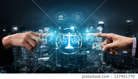 Digital law interface displaying justice scale, highlighting digital law Spline 137401770