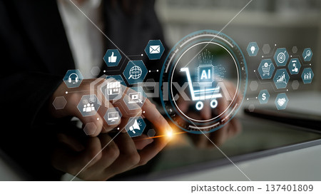 AI Ecommerce Shopping Technology with Data Analytic and Smart Retail Icons Spline 137401809
