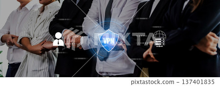 Business Team Collaboration with VPN Security Symbol in Digital Environment Representing Data Protection and Online Privacy Trope 137401835