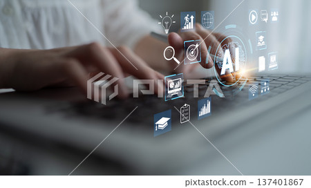Hands Typing on a Laptop Keyboard Surrounded by Various Digital Icons Representing Technology, Artificial Intelligence, and Data Analysis Quark 137401867