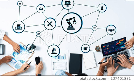 Mechanized industry automation with robotic arms, gears and production line icons Funnel 137401881