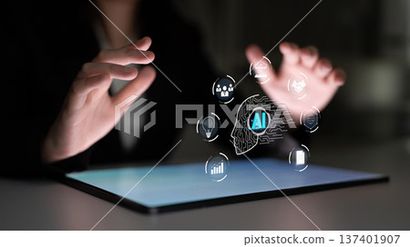 Futuristic Technology Concept with Touchscreen Interface and Artificial Intelligence Icons Representing Digital Innovation and Automation Quark 137401907