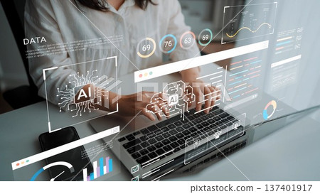 Futuristic workspace with artificial intelligence and data analytics visualizations on laptop screen, showcasing technology and digital transformation processes Gluon 137401917