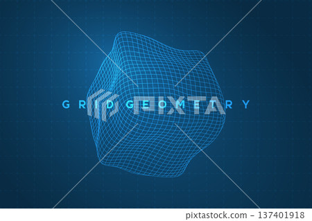 Abstract 3D wireframe mesh of a distorted geometric cube with blue glowing grid background representing data processing, digital form deformation and spatial topology, futuristic vector illustration. 137401918