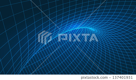 Modern UI, UX dashboard background with neon blue glowing 3D wireframe mesh tunnel and geometric perspective grid, technology interface vector illustration. 137401931