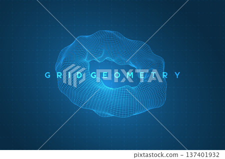 Deformed 3D wireframe torus with blue geometric mesh surface and grid background representing mathematical topology and spatial distortion, technical vector illustration. Deformed 3D wireframe torus with blue geometric mesh surface and grid background representing mathematical topology and spatial distortion, technical vector illustration. 137401932