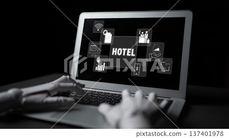 Futuristic Hotel Management Concept with Robotic Hand and Digital Interface Displaying Various Icons and Information Related to Hospitality Quark Futuristic Hotel Management Concept with Robotic Hand and Digital Interface Displaying Various Icons and Information Related to Hospitality Quark 137401978