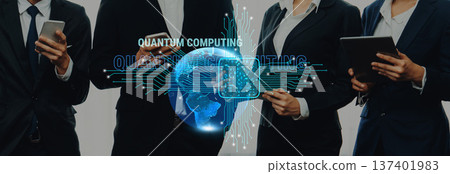 Business Professionals Engaging with Digital Devices and Quantum Computing Concepts Over a Futuristic Background of Technology and Innovation Trope Business Professionals Engaging with Digital Devices and Quantum Computing Concepts Over a Futuristic Background of Technology and Innovation Trope 137401983