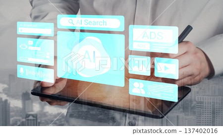 Hands holding a digital tablet with futuristic AI search interface and various data display elements while connected to modern city skyline in background Gluon 137402016