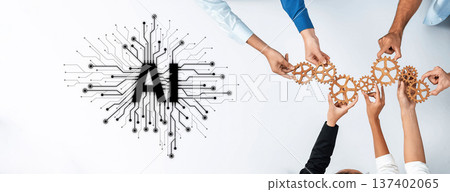 Hands Collaborating to Assemble Gears with AI Concept in the Background Representing Technology and Innovation in Business and Industry Trope Hands Collaborating to Assemble Gears with AI Concept in the Background Representing Technology and Innovation in Business and Industry Trope 137402065