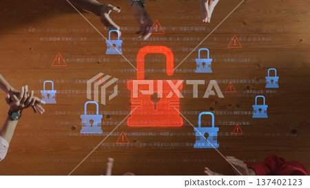 Secure Digital Lock Concept with Hands and Warning Symbols on Wooden Table Representing Cybersecurity and Data Protection in Modern Technology. Raster Secure Digital Lock Concept with Hands and Warning Symbols on Wooden Table Representing Cybersecurity and Data Protection in Modern Technology. Raster 137402123