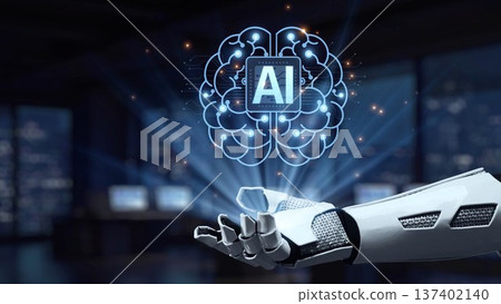 Futuristic robotic hand presenting a digital brain with AI concept, showcasing advanced technology and innovation in artificial intelligence development and research Synapse 137402140