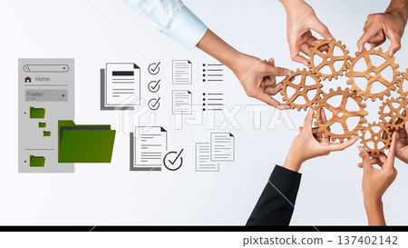 Collaborative Workflow with Gears and Hands Showcasing Teamwork, Organization, and Task Management for Effective Project Completion Gluon 137402142