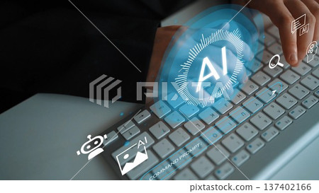 Hands Typing on Keyboard with AI Interface and Icons Representing Artificial Intelligence Technology and Digital Interaction in Modern Workspace Gluon Hands Typing on Keyboard with AI Interface and Icons Representing Artificial Intelligence Technology and Digital Interaction in Modern Workspace Gluon 137402166