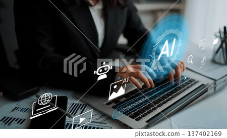 Business professional using laptop with artificial intelligence icons and graphics, showcasing technology and innovation in a modern work environment Gluon Business professional using laptop with artificial intelligence icons and graphics, showcasing technology and innovation in a modern work environment Gluon 137402169