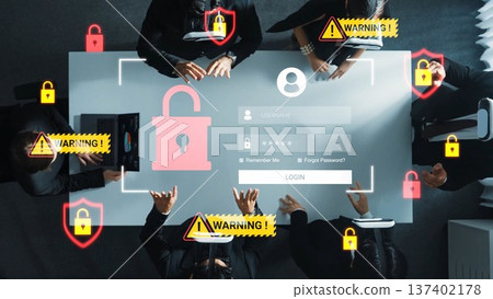 Cybersecurity Awareness in Business Meeting Featuring Warning Signs and Security Icons Around Login Screen with Team Discussing Digital Safety Measures Gluon 137402178
