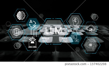 Modern Technology Concept with Digital Interfaces and LLM Text Display on Keyboard Surface Emphasizing Artificial Intelligence Communication and Learning Gluon 137402208