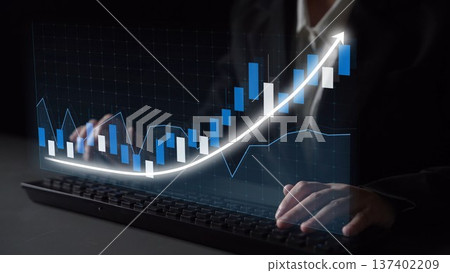 Business professional analyzing financial growth data with virtual graph and keyboard in dark office, illustrating investment opportunities and market trends Copula Business professional analyzing financial growth data with virtual graph and keyboard in dark office, illustrating investment opportunities and market trends Copula 137402209