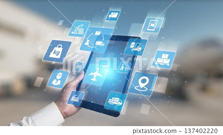 Logistics icons illustrate delivery, supply chain, warehouse, and shipping. Gist 137402220