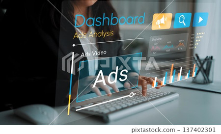 Business person analyzing advertisement performance with innovative dashboard interface showing data trends and metrics on transparent screen in modern office environment Gluon 137402301