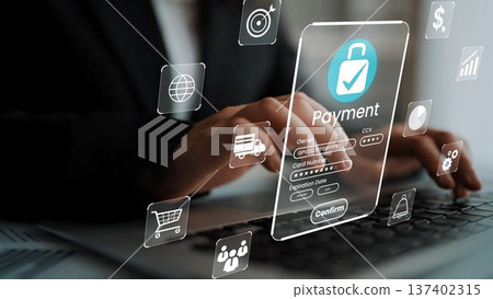 Secure Online Payment Process with Digital Interface and Finger on Laptop Keyboard for E-Commerce Transactions and Financial Activities Gluon 137402315