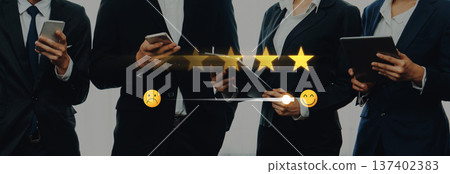 Business professionals evaluating service quality through mobile devices and expressing satisfaction or dissatisfaction with feedback symbols Trope 137402383
