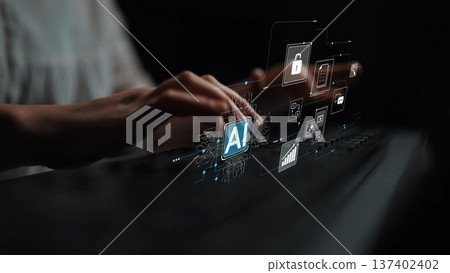 Hands Engaging with Futuristic Artificial Intelligence Interface Showcasing Icons of Security, Data Analytics, and Technology Advancements in Dark Environment Gluon 137402402